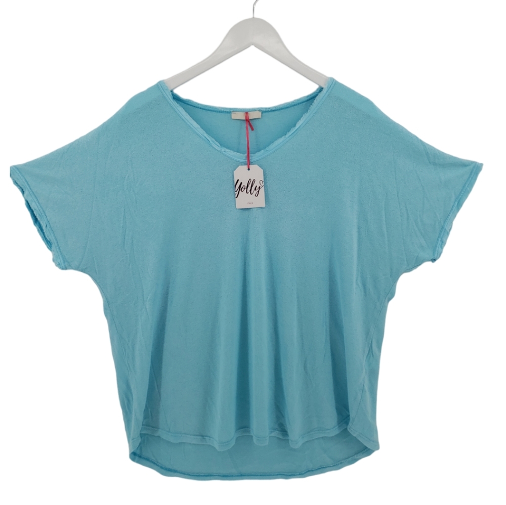 Yolly Italy NWT Blouse One Size Turquoise Blue Relaxed Fit Beachy Retail $38